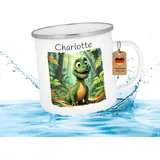 Druckerino Emaille Tasse für Kinder mit Namen personalisiert Geschenk personalisiert Namenstasse Tiere Geschenk mit Name Kinder Kindertasse mit Namen für den Kindergarten 300 ml (Dino)