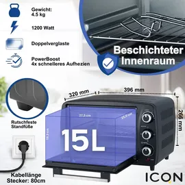ICQN Minibackofen 15 Liter, 1200W, 60 min-Timer, 3 Kochfuntionen, 90°-230°C, Kleiner Camping Ofen, Anthrazit,