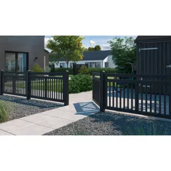 Holz Designzaun Linea: Vorgartenzaun mit einem Gartenzaun Element und drei Zauntore in Schwarz
