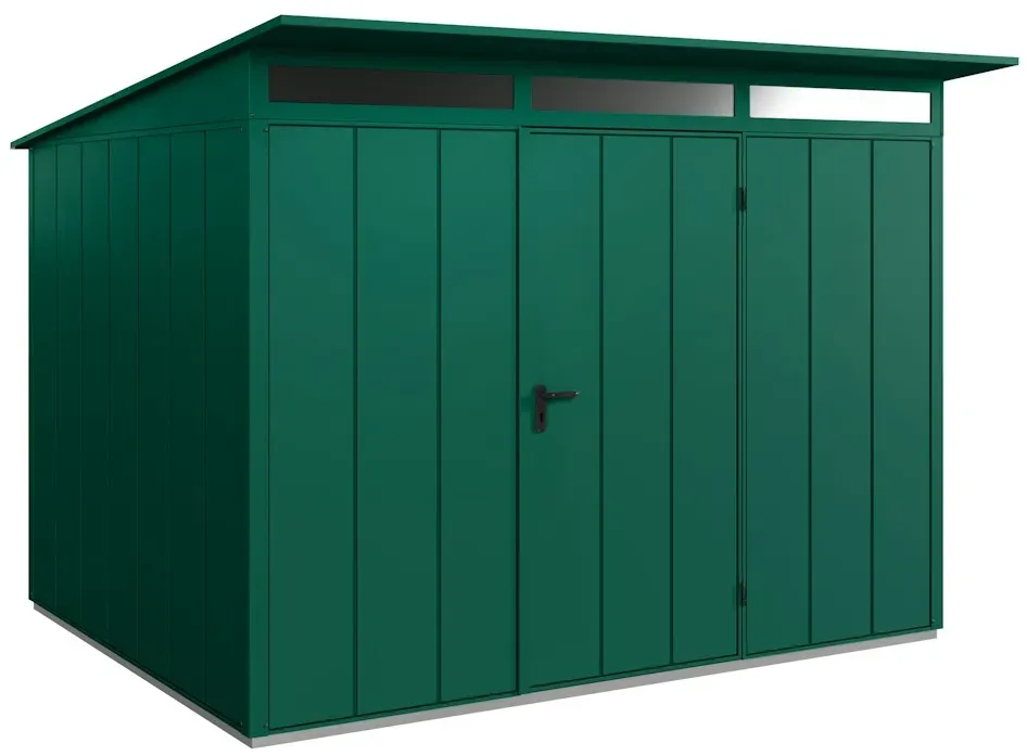 Hörmann Metall-Gerätehaus Berry mit Pultdach B 302 x T 238 cm (Typ 3), Motiv Modern (mit breiten Lamellen), Einzeltür Türanschlag rechts, Moosgrün (RAL 6005)