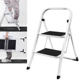 Trittleiter 2 Stufen Klappbar, Alu-Klapptritt Trittleiter, Zusammenklappbar Rutschfesten Gummimatte 330lbs, Handgriff, Leicht, Weiß Leiter Haushaltsleiter Klapptritt, Stahl Klappbarer Rutschfester