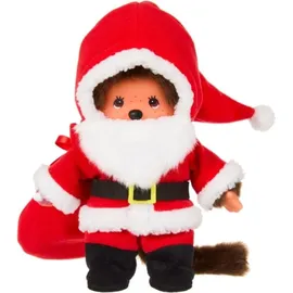 Sekiguchi 204083 - Original Monchhichi Junge mit Weihnachtsmann-Kostüm und Bart, ca. 20 cm großes Kuscheltier aus braunem Plüsch