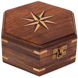 Nklaus Aufbewahrungsbox Maritim Holzbox sechseckig mit Windrose Inlay aus Holz und Messing ver (Lieferumfang: 1 Stück)