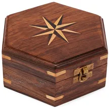 Nklaus Aufbewahrungsbox Maritim Holzbox sechseckig mit Windrose Inlay aus Holz und Messing ver (Lieferumfang: 1 Stück)