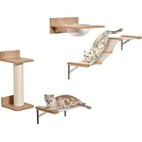 Set für Katzen mit Kratzbaum, Katzentreppe & Hängematte, Hellbraun, Sisal, Acryl, Kiefer, - Braun