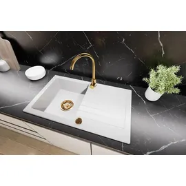 faizee home Granitspüle 75x43,5 cm rechts Einbauspüle weiß Handbetätigung 750 x 435 mm