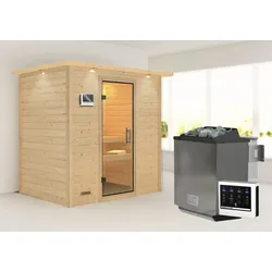 Sauna KARIBU ""Sonja" mit Klarglastür und Kranz Ofen 9 kW Bio externe Strg modern", beige (naturbelassen), Bio-Ofen, externe Steuerung, (ohne Ofen), Saunen