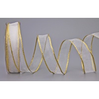 finemark Chiffon Dekoband (0,80€/m) Weiss/Gold 20 m x 25 mm (Rolle) Chiffonband Organza mit Goldkante transparent Geschenkband Drahtkantenband Schleifenband elegant Weihnachten