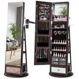 COSTWAY Schmuckschrank mit Spiegel, LED & 3 Ablagen, drehbar & abschließbar lila