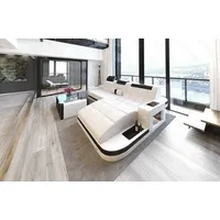 Sofa Dreams Ecksofa Wave L Form Ledersofa LED, 4-Sitzer, Leder-Mix, USB, Weiß-Schwarz, Ottomane rechts, mit Bett schwarz|weiß