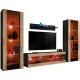 komodee Wohnzimmerset, Schwarz, Eiche Wotan, Holzwerkstoff, 9 Fächer, Rechteckig, 250x159x35 cm, Wohnzimmer, Wohnwände, Anbauwände