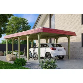 SKANHOLZ Walmdach Carport Spreewald 3,96 x 7,41 m rot mit EPDM-Dach und Pfostenanker