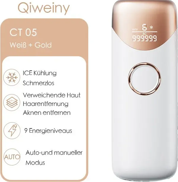 Qiweiny CT05 IPL Haarentfernungsgerät Weiß – Schmerzfrei mit Eis-Kühl-System, 3-in-1 für die Haarentfernung zu Hause, 9 Intensitätsstufen