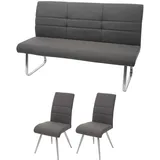 Mendler Set 2x Esszimmerstuhl+Sitzbank HWC-G55, Bank Küchenstuhl Stuhl, Stoff/Textil Edelstahl ~ grau-braun Bank 180cm