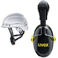 Uvex Pheos Alpine Schutzhelm - Belüfteter Arbeitshelm für die Baustelle - Weiß Weiß & Helmkapselgehörschutz Uvex K2H Schwarz-Gelb