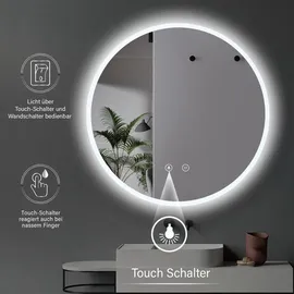 PonteSino HOKO Badspiegel LED Antibeschlag rund 60cm+LED Wechsel Warmweiß-Kaltweiß-Neutral 2700-6500K. Licht mit Touch Schalter/Wandschalter einschaltbar).... - Transparent