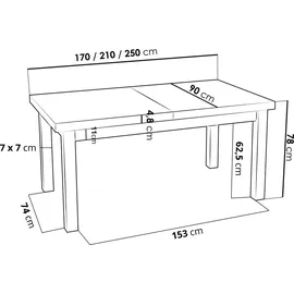 WFL GROUP Moderner Rechteckiger Ausziehbarer Esstisch - Platzsparend - Weiße Holzbeine - 170 bis 250 cm - Hergestellt in EU - 170 x 90 cm - Grau Beton - Grau