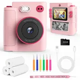 Euakee Kinderkamera Sofortbildkamera, 1080P HD Digitalkamera für Kinder mit 2,4 Zoll & 32G Karte, Sofortbildkamera Kinder mit und 3 Rollen Druckpapier, Geschenke für Jungen Mädchen 3-12 Jahre(Rosa)