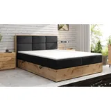 Möbel Punkt Boxspringbett LISSABON Eiche Holz mit Bettkasten 180 x 200 cm Webstoff Schwarz Anthrazit