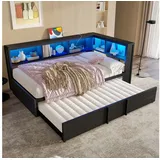 Flieks Daybett, Metall-Tagesbett 90x200cm mit Ausziehbett 90x190cm, LED und Aufladen schwarz