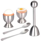 SURFOU Eierköpfer Eierschalenschneider Set 5-tlg. mit Eierbechern und Löffeln, (Eierköpfer aus Edelstahl mit 2 Eierbechern und 2 Löffeln, zum einfachen Öffnen von weich- und hartgekochten Eiern, ideal für Frühstück und Desserts, 5-tlg) silberfarben