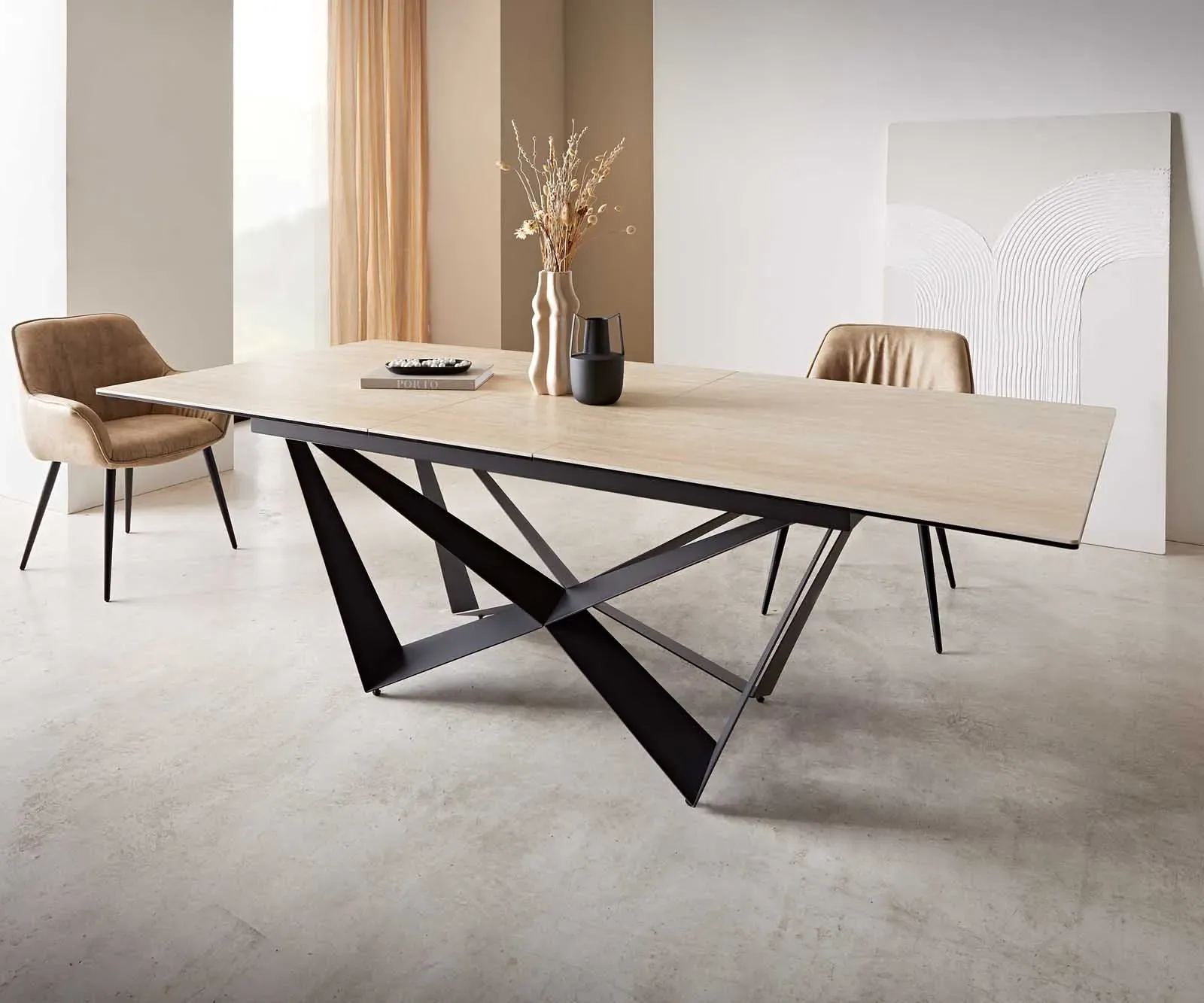 DELIFE Table à manger Edge 180-220x100 céramique Travertin nature Spider acier plat noir extensible, Tables de salle à manger