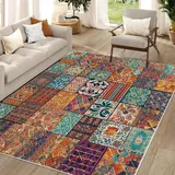 dyausi Teppich Wohnzimmer, Teppich 140x200, Kurzflor Teppich Waschbar in Waschmaschine, Teppich Gelb Blau Blumen Patchwork Vintage Boho, Teppich Groß für Schlafzimmer, Kinderzimmer