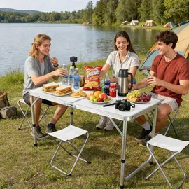 Relaxdays Campingtisch mit 4 Hockern Weiß/Silber