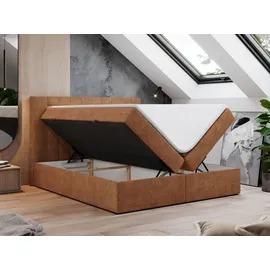 MKS Meble Boxspringbett 140x200 mit Led, Polsterbett mit LED Kopfteil - Multipocket-Matratze - Doppelbett - GOLD-5 - 140x200 - Orange - Struktur - H4 - Orange