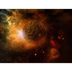 Fototapete PAPERMOON "Feuriger Planet und Asteroiden", bunt, B:3,50m L:2,60m, Vlies, Tapeten