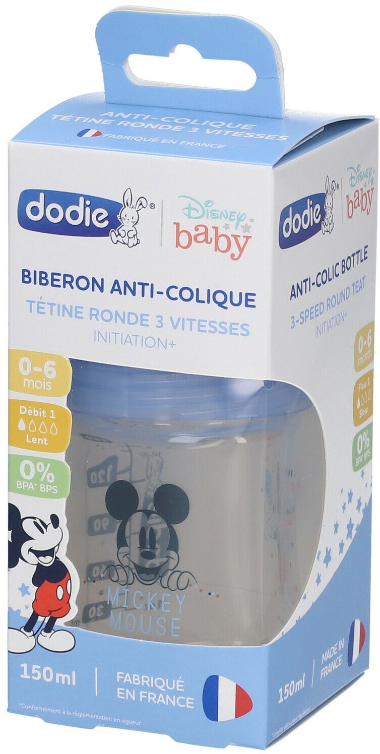 dodie® Biberon Initiation+ 150 ml anti-colique tétine ronde 3 vitesses Disney Mickey Bleu 0-6 mois 1 pc(s) Bouteilles