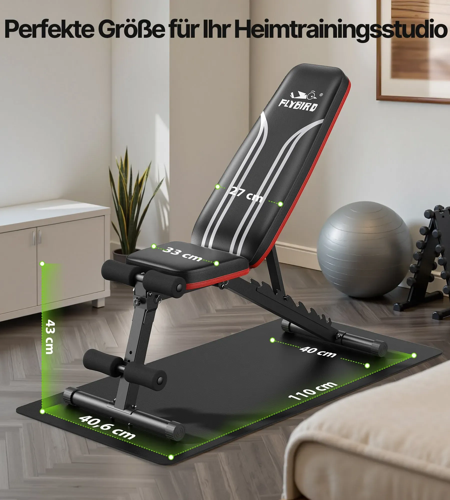 FLYBIRD Multifunktionale Hantelbank, 8-Fach Verstellbare Rückenlehne/3-Fach Verstellbare Fußstütze, 318kg Belastbarkeit, Klappbare Trainingsbank mit 90° für das Heim-Fitnessstudio