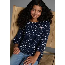 KangaROOS Langarmshirt "Viskoseshirt mit 3/4 Arm", Mädchen, Gr. 164/170, blau (marine), Jersey, Obermaterial: 95% Viskose, 5% Elasthan, gepunktet, weit hüftlang, Rundhals, mit Gummizug, Shirts Langarmshirt, weite Passform, gepunktetes Design, Rundhalsausschnitt