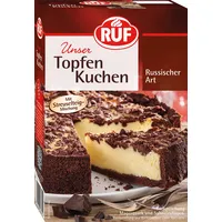 Ruf Russischer Zupfkuchen, Backmischung für einen Käsekuchen mit schokoladigem Streuselteig, Topfenkuchen,