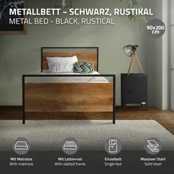 Metallbett Bettgestell+Matratze Öko-Tex Stahl Bett Lattenrost Schwarz 90x200 cm