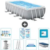 Intex Pool mit rechteckigem Prismenrahmen – 488 x 244 x 107 cm – Grau – inklusive Pumpe – Leiter – Bodenplane – Abdeckung Wartungspaket...