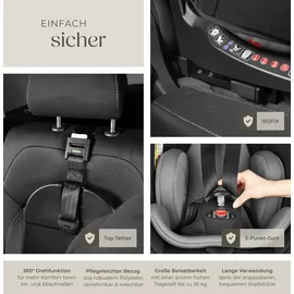 Tectake tectake® Drehbarer Autositz, i-Size Zulassung, ISOFIX-Installation und Top Tether, mit Seitenaufprallschutz, längenverstellbarer 5-Punkt-Gurt, höhenverstellbare Kopfstütze, ab Geburt bis 150 cm, Belastbarkeit 36 kg