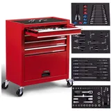 Arebos Werkstattwagen Rollwagen Werkzeugkiste Toolbox, mit Werkzeug, (81-tlg), Aus massivem Stahl gefertigt, Robuste und kratzfeste Arbeitsplatte rot