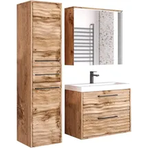 WELLTIME Badmöbel-Set »Canada«, (Komplett-Set, 3 St., Fronten mit Wellenstruktur), Badmöbel mit Soft-Close, Spiegelschrank, Waschtisch mit Becken, braun