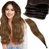 LaaVoo Lang Tressen Extensions Echthaar Braun Balayage 60cm Virgin Echthaar Tressen Extensions Ombre Braun mit Hellbraun Tressen Echthaar Extensions Zum Einnähen 25g