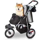 Hundebuggy Innopet Comfort Air Eco Schwarz/Silber – Hundewagen Katzenwagen mit 30cm Luftreifen, einhändig faltbar, für Waldwege geeignet – reflektierende Streifen, Organizer Vorderrad fixierbar