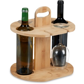 Relaxdays Weinbutler, Bambus, Weinhalter für 2 Flaschen & 4 Gläser, HBT: 30,5x30x25 cm, Geschenk Weinliebhaber, Natur