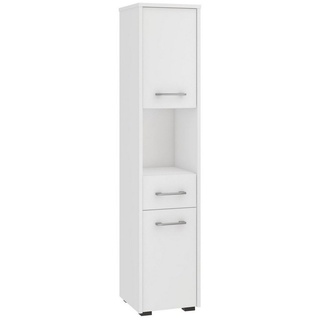 home collective Badezimmerschrank schmal weiß mit 2 Türen und Schublade, 140 cm hoch, 30cm breit und tief