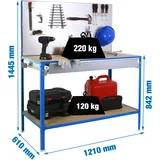 Proregal Werkbank Bufallo Light mit Lochwand & 2 Ebenen | HxBxT 144,5x120x60cm | Traglast 360kg | Blau/Verzinkt