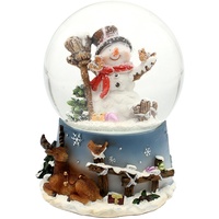 Dekohelden24 Große Schneekugel, Schneemann mit Besen und Vogel, mit Sound, auf aufwendig dekoriertem Sockel, Maße L/B/H: 10 x 10 x 14 cm Kugel Ø 10 cm