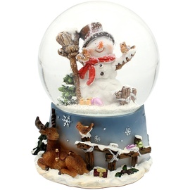 Dekohelden24 Große Schneekugel, Schneemann mit Besen und Vogel, mit Sound, auf aufwendig dekoriertem Sockel, Maße L/B/H: 10 x 10 x 14 cm Kugel Ø 10 cm