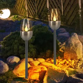 ETC Shop Außenleuchte Solarlampe Steckleuchte, Gartenfackel mit Feuereffekt, Terrassenlampe, integrierter Akku, Metall, schwarz, led, DxH 6x38cm, 6er Set