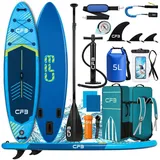 CFB SUP-Board Set 320x84x15 cm, Belastbarkeit 160 kg, Aufblasbares Stand Up Paddle Board, (mit 84 cm Standfläche & großem EVA-Deckpad, 12 tlg., SUP Set mit Paddel, Pumpe, Rucksack, Dry Bag, Handyhülle, Schultergurt), stabil, leicht und rutschfest, 3-Finnen-System für Anfänger blau