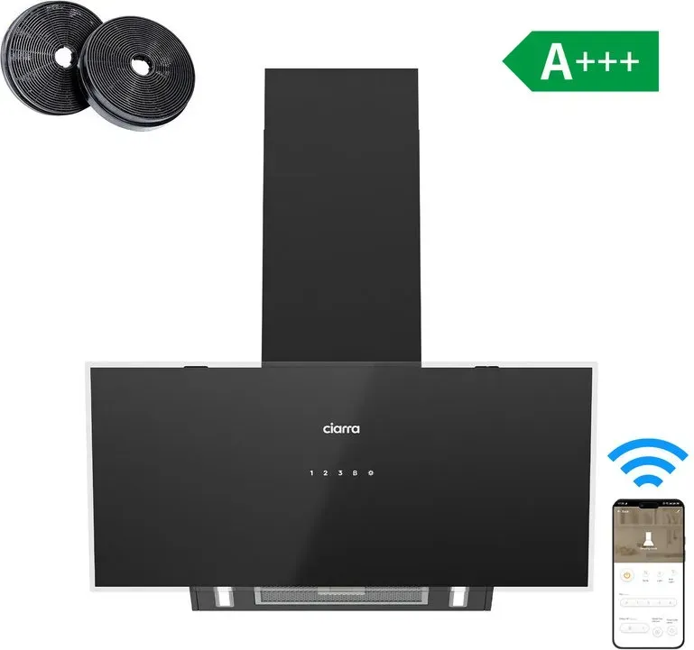Ciarra 90 cm Wandhaube mit schrägem Glasdesign, schwarzes Glas, Dual-Ansaug-System, Sensor-Touch + WLAN-App-Steuerung, 650 m3/h, 4 Stufen, Energieeffizienz A+++, CRGCB9763A