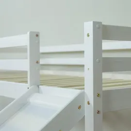 Homestyle4u Hochbett 90x200 mit Vorhang Lattenrost und Rutsche in Weiß Blau, Holz Kiefer Turm Tunnel Rutsc